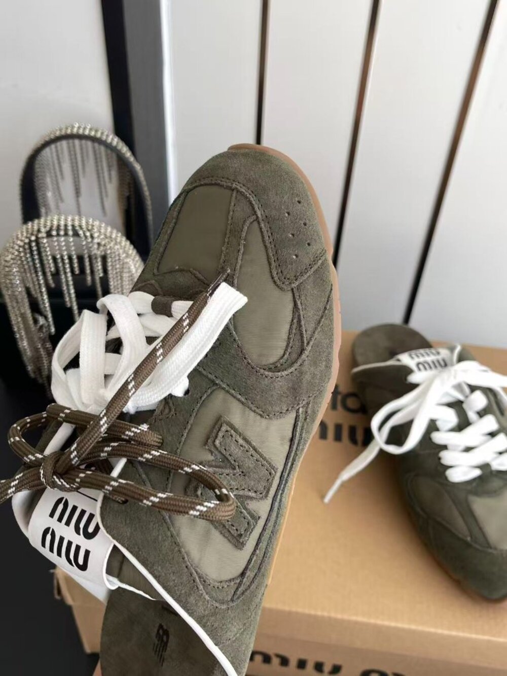 Miu Miu x New Balance Olive Green Suede Nylon Slip-On Mule Sneakers - Picture 5 of 7